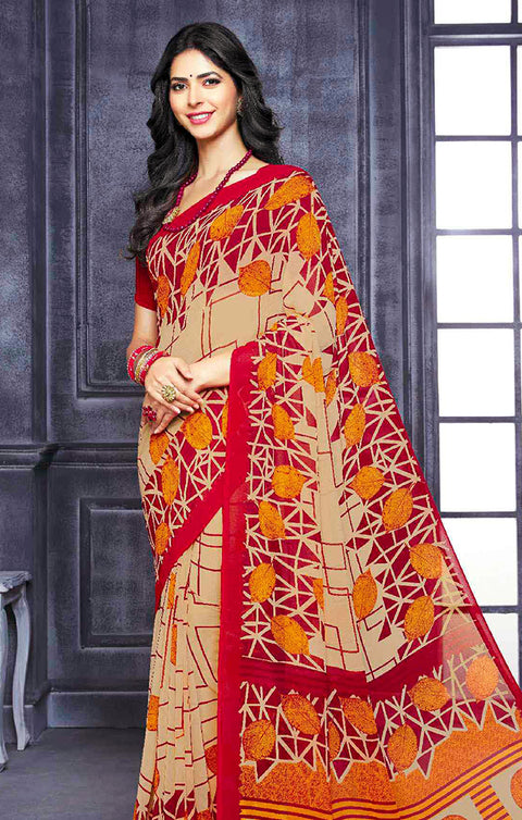 Designer Beige/Red Georgette Printed Saree for Casual Wear (D428)