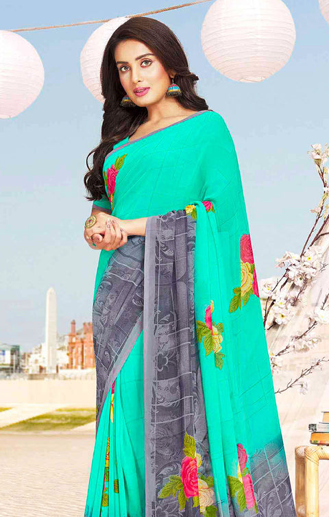 Designer Sea Green Georgette Printed Saree for Casual Wear (D415)