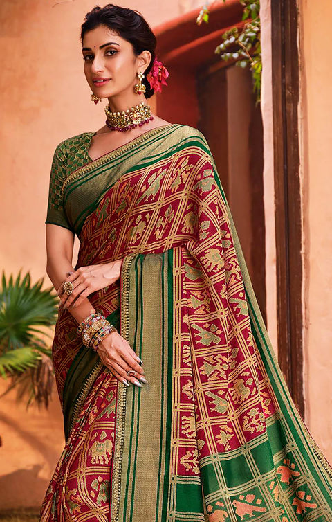 Designer Green/Wine Brasso Printed Saree for Casual Wear (D452)