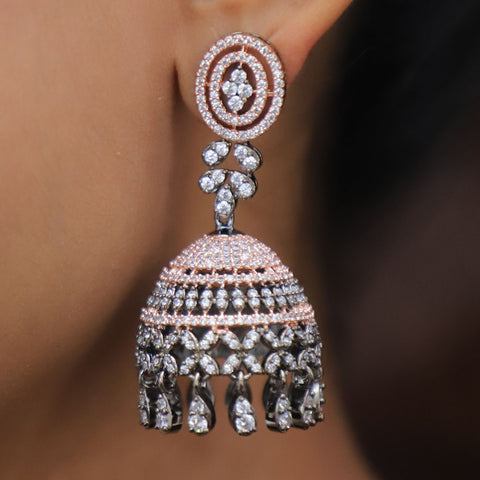 White Stones Black American Diamond Contemporary Earrings Jhumki (E133) - PAAIE