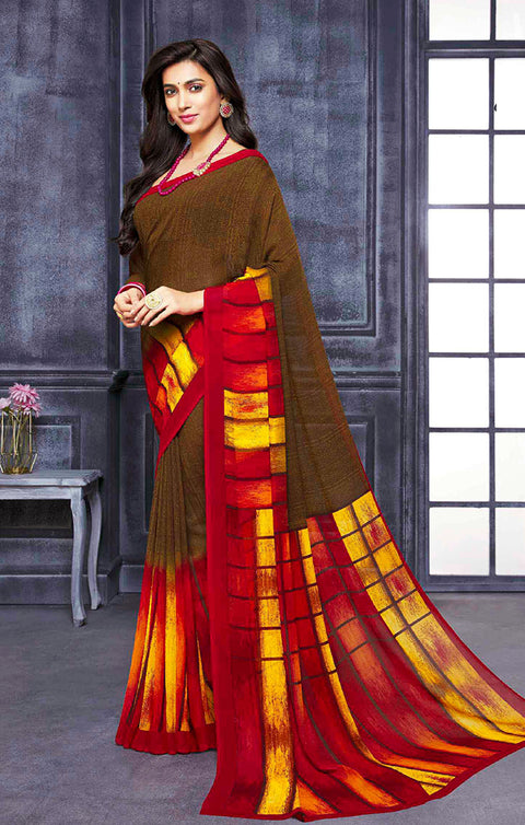 Designer Brown/Red Georgette Printed Saree for Casual Wear (D429)