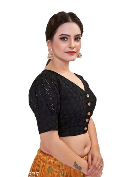 Black Color Women's Casual Pure Cotton Readymade Designer Saree Blouse, Hakoba Style, Puffed Sleeve & V-Neck, Padded And Stitched With Front Buttons Open Pattern(Design 1057)