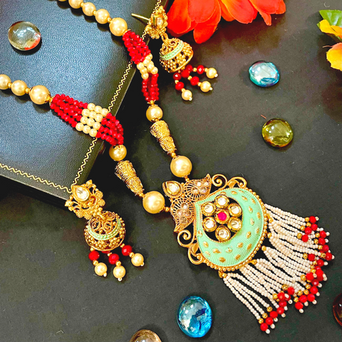 Designer Long Bead Mala Necklace with Semi-Precious Stones (D1013)