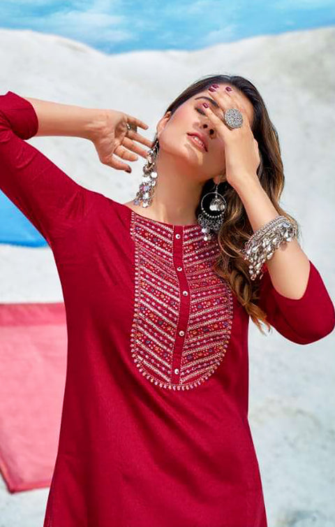 Designer Magenta Color Indian Ethnic Kurti in Fancy Cotton For Casual Wear (K715)