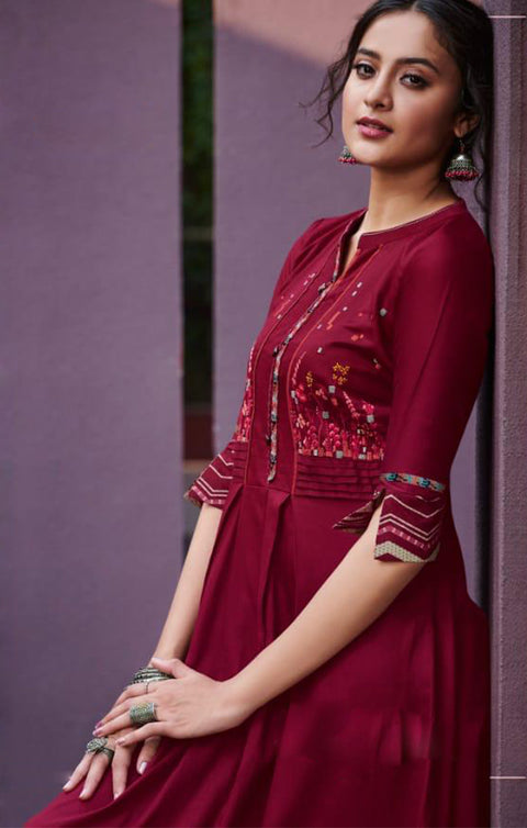 Demanding Mahroon Designer Kurti with Palazzo For Casual and Ethnic Wear (K215) - PAAIE