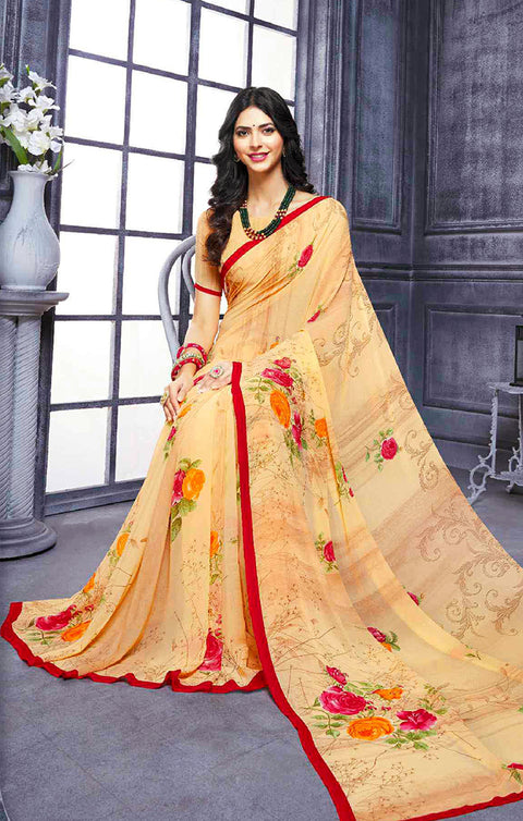 Designer Yellow/Red Georgette Printed Saree for Casual Wear (D431)