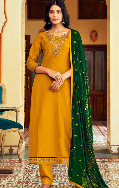 Designer Yellow Color Suit with Pant & Dupatta in Parampara Silk (K601)