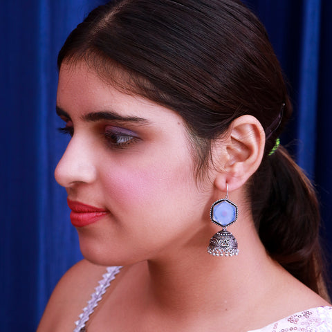 Traditional Style Oxidized Earrings With Blue Color Beads for Casual Party (E555)