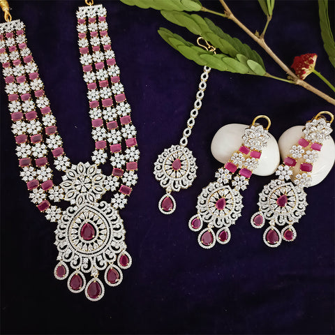 Bridal Red Color American Diamond Necklace with Earrings (D128) - PAAIE