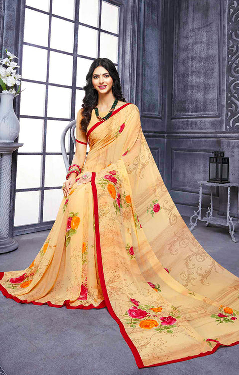 Designer Yellow/Red Georgette Printed Saree for Casual Wear (D431)