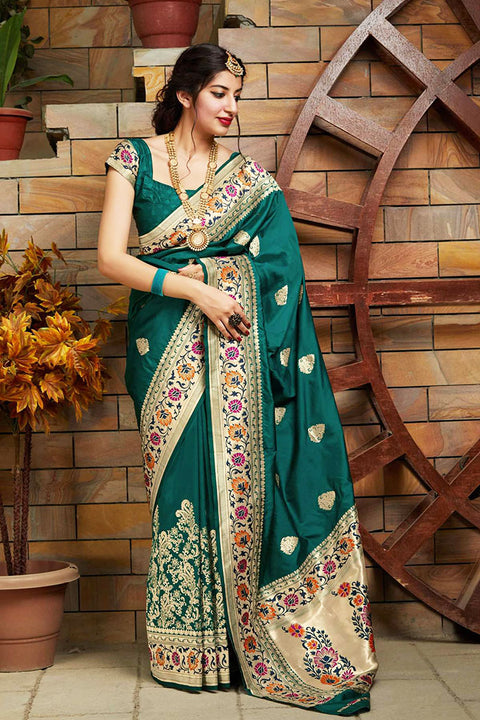 Banarasi Soft Silk Designer Rama Color Saree - PAAIE