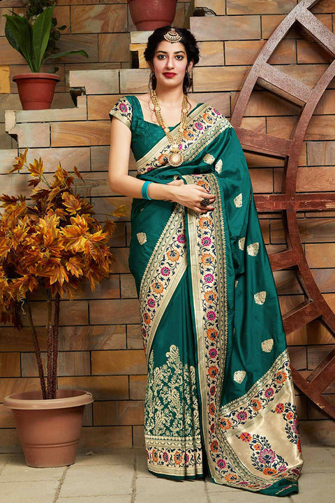 Banarasi Soft Silk Designer Rama Color Saree - PAAIE