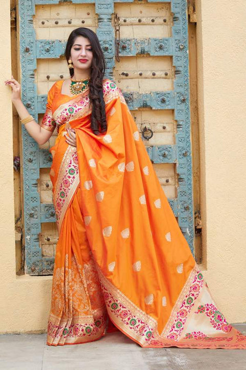 Banarasi Silk Designer Orange and Golden Saree - PAAIE