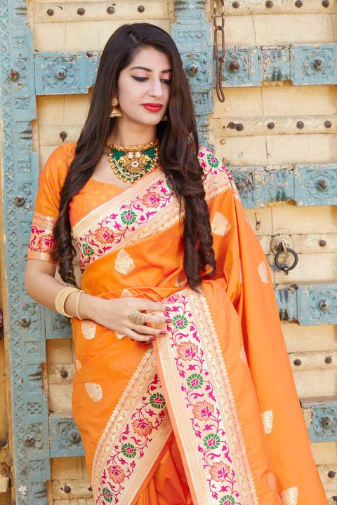 Banarasi Silk Designer Orange and Golden Saree - PAAIE