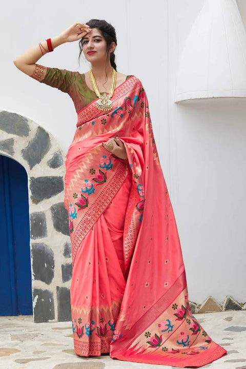 Banarasi Silk Designer Pink and Golden Saree - PAAIE