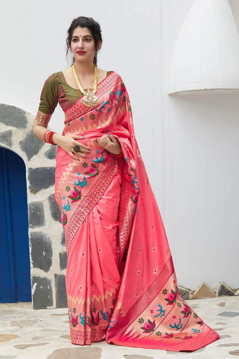 Banarasi Silk Designer Pink and Golden Saree - PAAIE