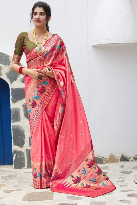 Banarasi Silk Designer Pink and Golden Saree - PAAIE