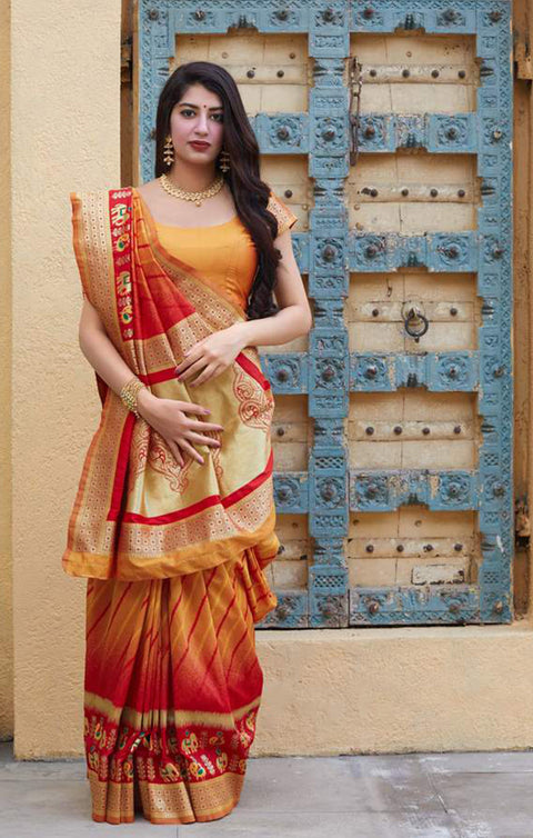Ravishing Orange & Red Color Party Wear Banarasi Silk Designer Saree - PAAIE