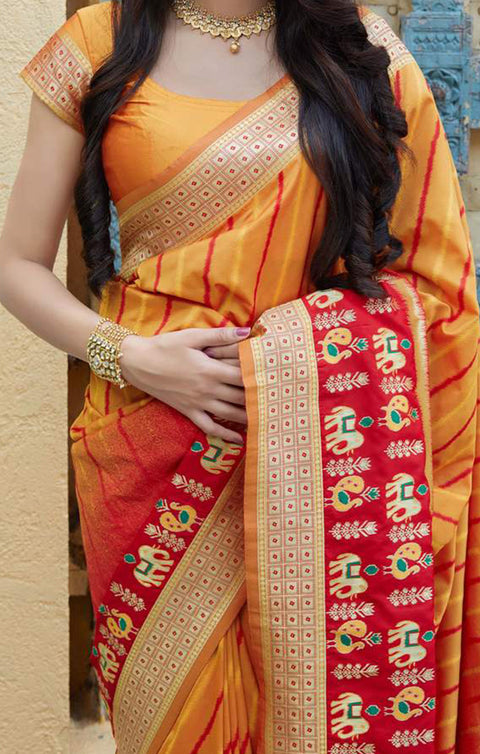 Ravishing Orange & Red Color Party Wear Banarasi Silk Designer Saree - PAAIE