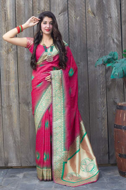 Banarasi Silk Designer Dark Pink and Golden Saree - PAAIE