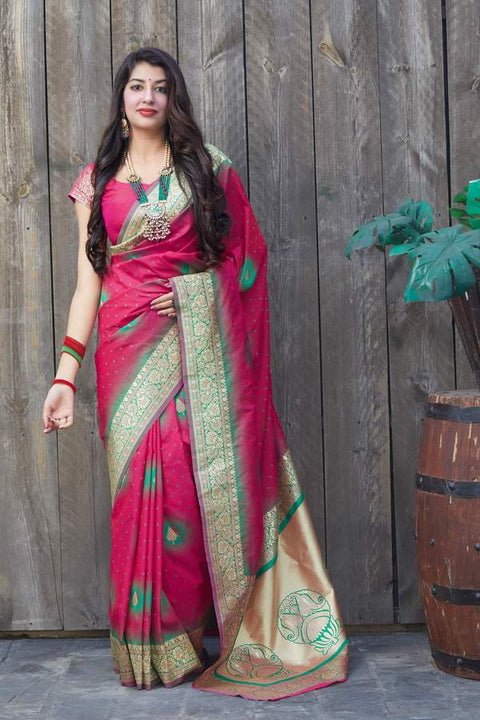 Banarasi Silk Designer Dark Pink and Golden Saree - PAAIE