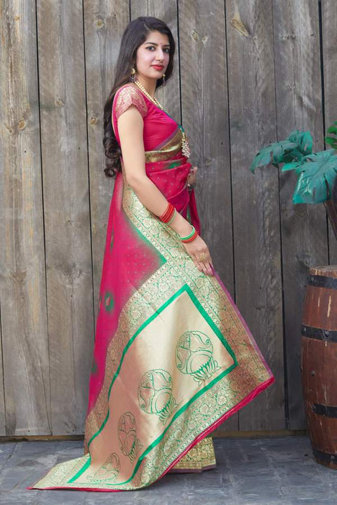 Banarasi Silk Designer Dark Pink and Golden Saree - PAAIE