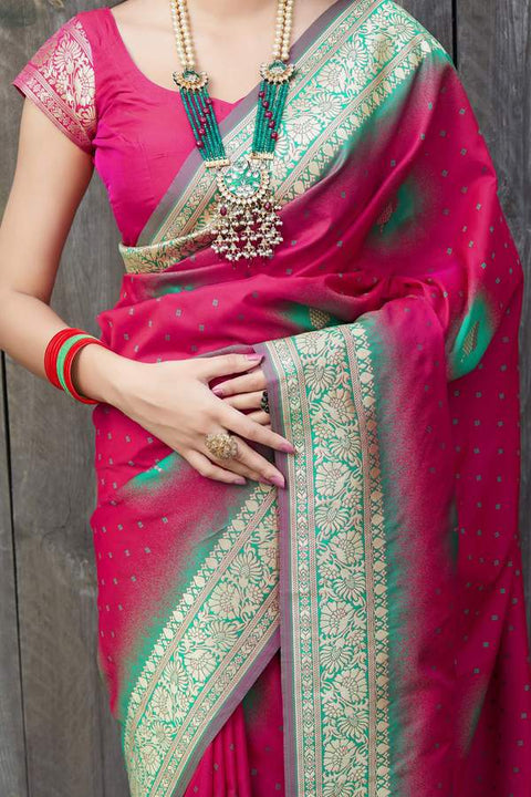 Banarasi Silk Designer Dark Pink and Golden Saree - PAAIE