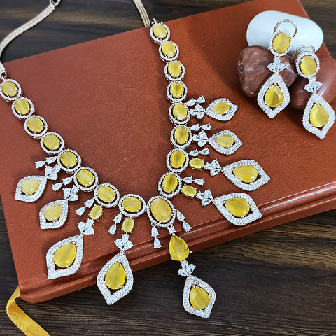 Yellow Color American Diamond Necklace with Earrings (D130) - PAAIE