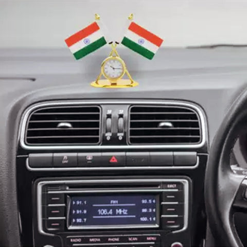Indian Flag with Quartz Watch for Car Dashboard Exterior Accessories Compatible with All Car Models (D31)
