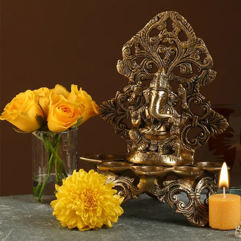 Brass Panchdeep Ganesha Carving Diya, Indian Decor Diya, Pooja Decor, Brass Oil Lamp (Design 40)