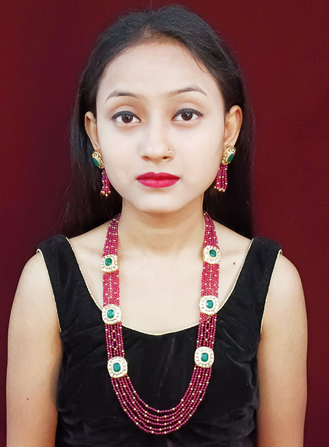 Designer Royal Kundan & Green Bead Long Necklace with Earrings (D250)