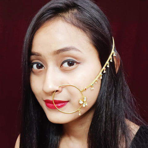 Gold Plated Royal Kundan Studded Nose Ring with Chain - NATH (Design 12)