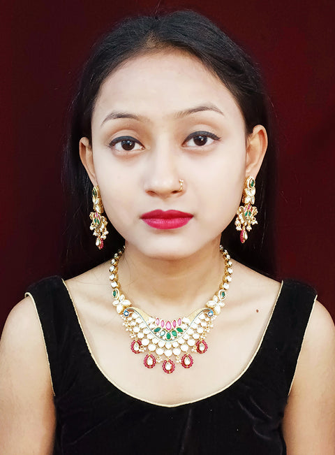 Designer Gold Plated Two Layer Royal Kundan, Ruby & Green Bead Necklace with Earrings (D252)