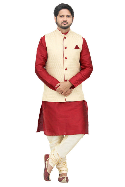 Designer Silk Kurta Pajama with Waist Coat (D14) - PAAIE