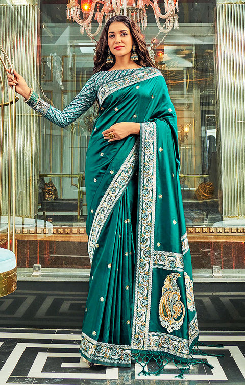 Aqua Teal Color Party Wear Banarasi Silk Designer Saree - PAAIE
