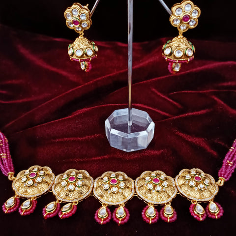 Designer Gold Plated Single Layer Royal Kundan & Ruby Necklace with Earrings (D237)