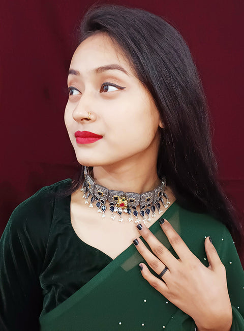 Designer Silver Oxidized & Blue Beaded Necklace Set (D267)