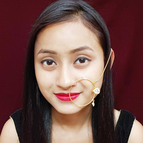 Gold Plated Royal Kundan Studded Nose Ring with Chain - NATH (Design 3)