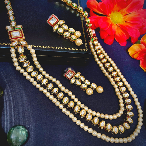 Multiple Line Pearl and Kundan Long Necklace (D968)