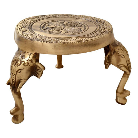 Brass Elephant Pillars Design Pooja Chowki, Brass Pooja Chowki for Home Temple, Chowki for God (Design 49)