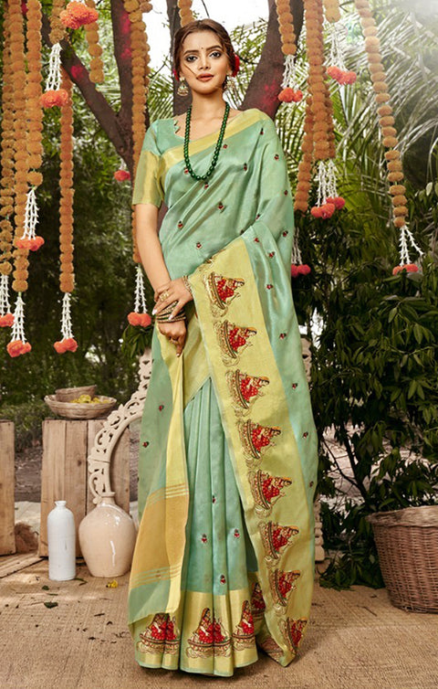 Designer Golden/Green Organza Printed Saree for Casual Wear (D455)