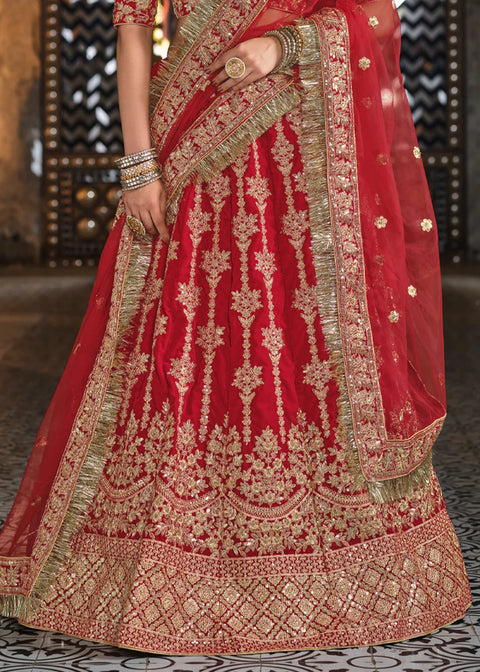 Designer Heritage Red Heavy Embroidered Bridal Velvet Lehenga Choli (D190)
