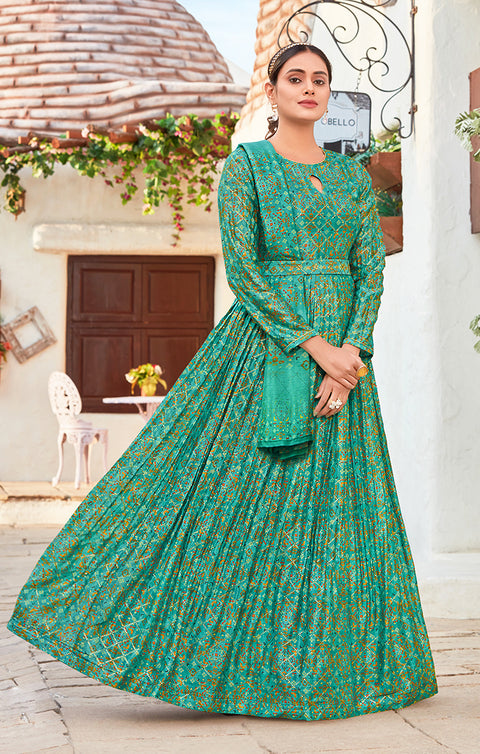Designer Green Color Suit with Dupatta in Chinon (K611)