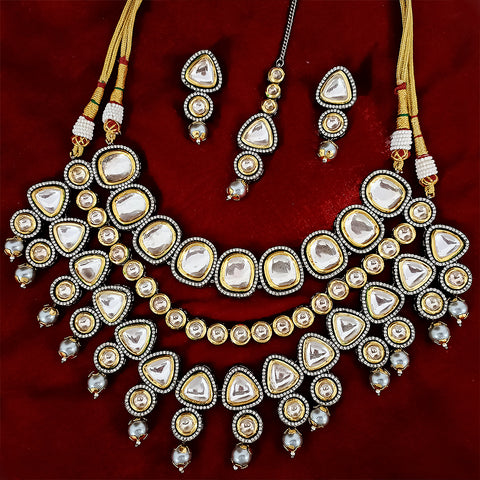 Designer Oxidized Gold Plated White Kundan Set (D121) - PAAIE
