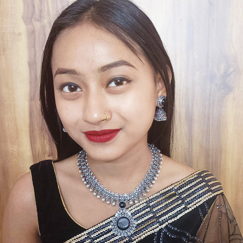 Designer Silver Oxidized & Black Color Beaded Necklace Set (D275)