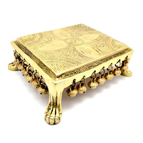 Brass Carving Design Chowki with Bells, Brass Pooja Chowki for Home Temple, Brass Pooja Chowki for God Idols (Design 45)