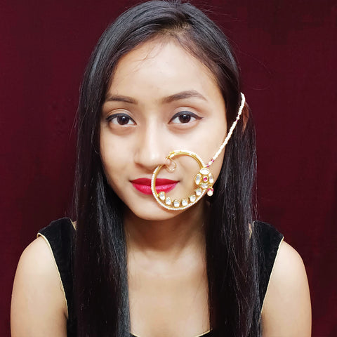 Gold Plated Royal Kundan Studded Nose Ring with Chain - NATH (Design 17)