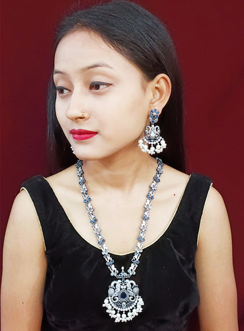 Designer Silver Oxidized & Blue Beaded Long Necklace Set (D270)
