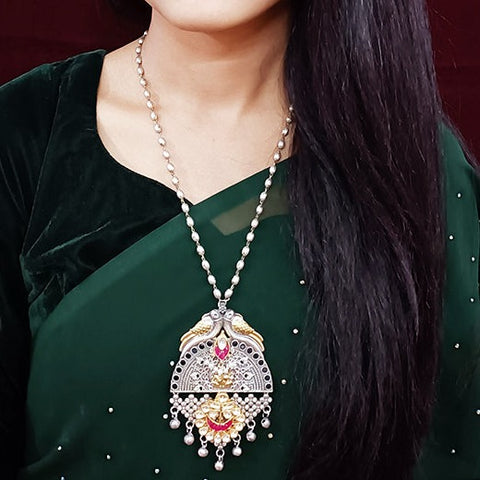 Designer Silver Oxidized & Blue Beaded Long Necklace Set (D266)