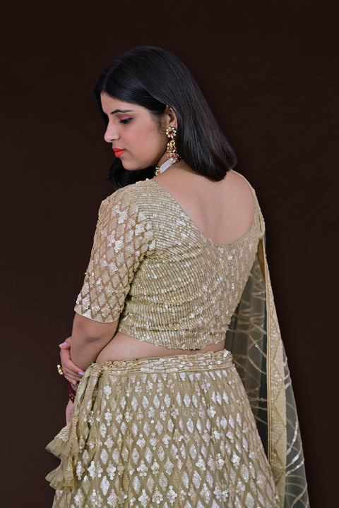 Designer Wedding Golden Color Heavy Sequin Net Lehenga Choli (D149)